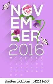 2016 Calendar : November : Typography And Decorative items : Vector Illustration