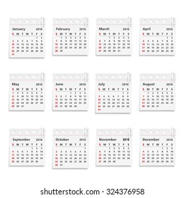 2016 Calendar on the papers with clips, vector eps10 illustration