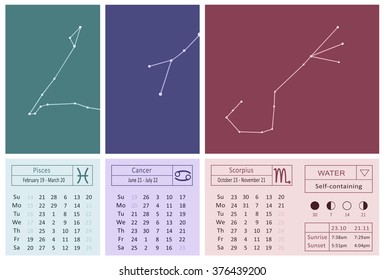  2016 calendar pages as schematic hand drawn zodiac constellations. moon phases and time of sunset and sunrise specified for London. Water elements - pisces, cancer and scorpio. Vector illustration