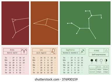  2016 calendar pages as schematic hand drawn zodiac constellations. moon phases and time of sunset and sunrise specified for London. Fire elements - aries, leo and Sagittarius. Vector illustration