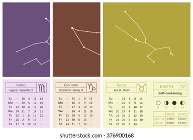  2016 calendar pages as schematic hand drawn zodiac constellations. moon phases and time of sunset and sunrise specified for London. Earth elements - virgo, capricorn and taurus. Vector illustration