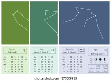  2016 calendar pages as schematic hand drawn zodiac constellations. moon phases and time of sunset and sunrise specified for London. Air elements - aquarius, libra and gemini. Vector illustration