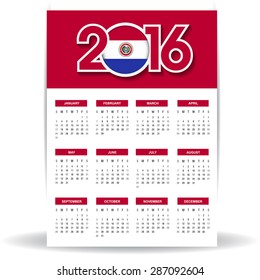2016 Calendar - Paraguay Country Flag Banner - Happy new Year calendar template - Week starts with Sunday - Vector illustration