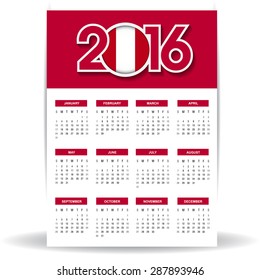 2016 Calendar - Peru Country Flag Banner - Happy new Year calendar template - Week starts with Sunday - Vector illustration