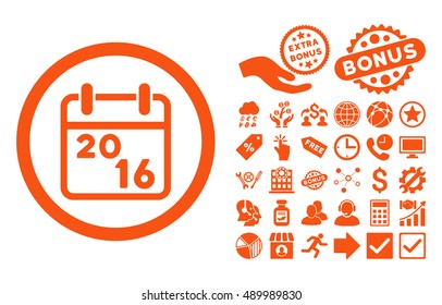 2016 Calendar pictograph with bonus clip art. Vector illustration style is flat iconic symbols, orange color, white background.