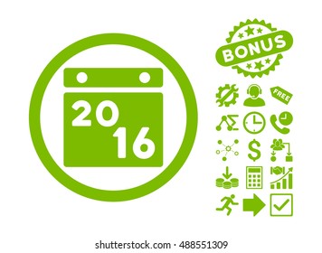 2016 Calendar pictograph with bonus design elements. Vector illustration style is flat iconic symbols, eco green color, white background.
