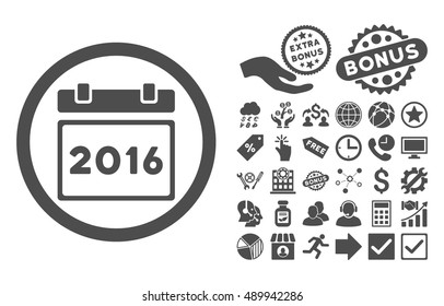 2016 Calendar pictograph with bonus elements. Vector illustration style is flat iconic symbols, gray color, white background.