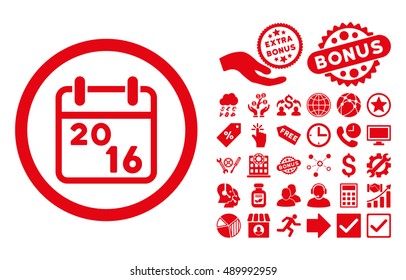 2016 Calendar pictograph with bonus elements. Vector illustration style is flat iconic symbols, red color, white background.