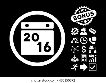 2016 Calendar pictograph with bonus icon set. Vector illustration style is flat iconic symbols, white color, black background.