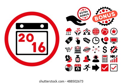 2016 Calendar pictograph with bonus images. Vector illustration style is flat iconic bicolor symbols, intensive red and black colors, white background.