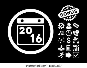2016 Calendar pictograph with bonus symbols. Vector illustration style is flat iconic symbols, white color, black background.