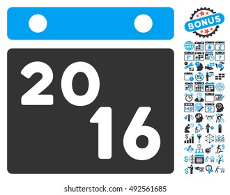 2016 Calendar pictograph with bonus calendar and time management pictogram. Vector illustration style is flat iconic bicolor symbols, blue and gray colors, white background.