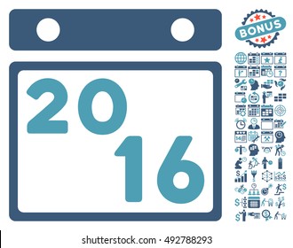 2016 Calendar pictograph with bonus calendar and time management icon set. Vector illustration style is flat iconic bicolor symbols, cyan and blue colors, white background.