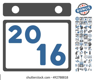 2016 Calendar pictograph with bonus calendar and time management symbols. Vector illustration style is flat iconic bicolor symbols, cobalt and gray colors, white background.