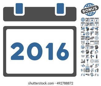 2016 Calendar pictograph with bonus calendar and time management pictogram. Vector illustration style is flat iconic bicolor symbols, cobalt and gray colors, white background.