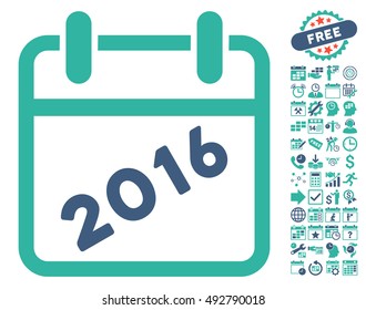 2016 Calendar pictograph with bonus calendar and time management images. Vector illustration style is flat iconic bicolor symbols, cobalt and cyan colors, white background.