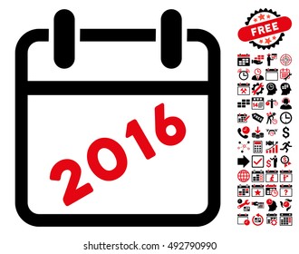 2016 Calendar pictograph with bonus calendar and time management images. Vector illustration style is flat iconic bicolor symbols, intensive red and black colors, white background.