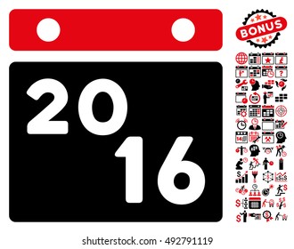 2016 Calendar pictograph with bonus calendar and time management pictograph collection. Vector illustration style is flat iconic bicolor symbols, intensive red and black colors, white background.