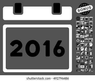 2016 Calendar pictograph with bonus calendar and time management images. Vector illustration style is flat iconic bicolor symbols, black and white colors, gray background.