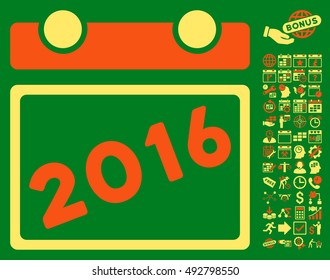 2016 Calendar pictograph with bonus calendar and time management images. Vector illustration style is flat iconic bicolor symbols, orange and yellow colors, green background.