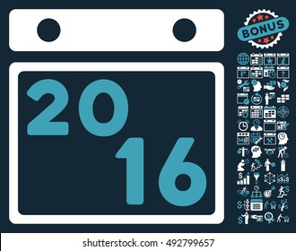 2016 Calendar pictograph with bonus calendar and time management pictogram. Vector illustration style is flat iconic bicolor symbols, blue and white colors, dark blue background.