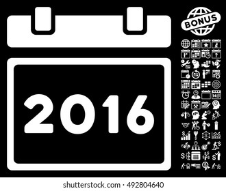 2016 Calendar pictograph with bonus calendar and time management icon set. Vector illustration style is flat iconic symbols, white color, black background.