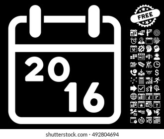 2016 Calendar pictograph with bonus calendar and time management graphic icons. Vector illustration style is flat iconic symbols, white color, black background.