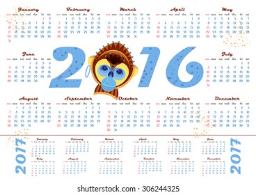 2016 calendar with picture monkey - symbol of year. A4 format, Vector illustration
