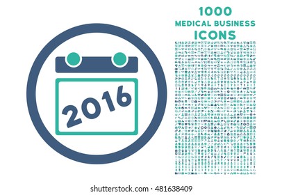 2016 Calendar rounded vector bicolor icon with 1000 medical business icons. Set style is flat pictograms, cobalt and cyan colors, white background.