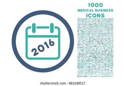 2016 Calendar rounded vector bicolor icon with 1000 medical business icons. Set style is flat pictograms, cobalt and cyan colors, white background.