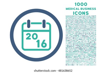 2016 Calendar rounded vector bicolor icon with 1000 medical business icons. Set style is flat pictograms, cobalt and cyan colors, white background.