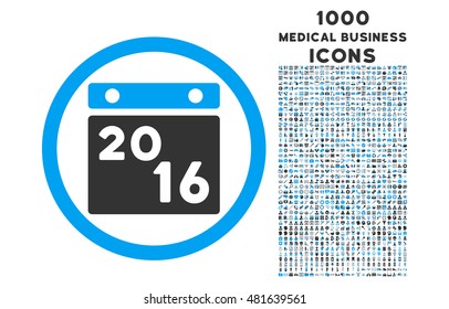 2016 Calendar rounded vector bicolor icon with 1000 medical business icons. Set style is flat pictograms, blue and gray colors, white background.