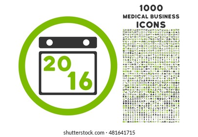 2016 Calendar rounded vector bicolor icon with 1000 medical business icons. Set style is flat pictograms, eco green and gray colors, white background.