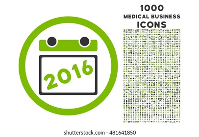 2016 Calendar rounded vector bicolor icon with 1000 medical business icons. Set style is flat pictograms, eco green and gray colors, white background.