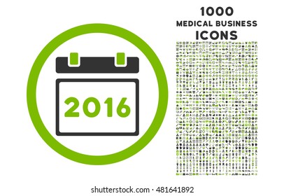 2016 Calendar rounded vector bicolor icon with 1000 medical business icons. Set style is flat pictograms, eco green and gray colors, white background.