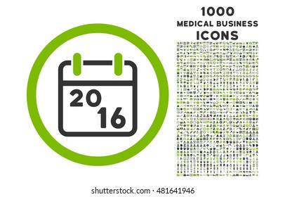 2016 Calendar rounded vector bicolor icon with 1000 medical business icons. Set style is flat pictograms, eco green and gray colors, white background.