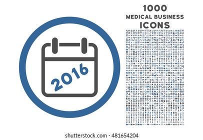 2016 Calendar rounded vector bicolor icon with 1000 medical business icons. Set style is flat pictograms, cobalt and gray colors, white background.
