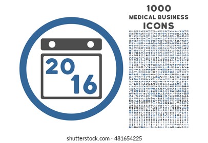 2016 Calendar rounded vector bicolor icon with 1000 medical business icons. Set style is flat pictograms, cobalt and gray colors, white background.