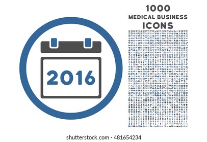 2016 Calendar rounded vector bicolor icon with 1000 medical business icons. Set style is flat pictograms, cobalt and gray colors, white background.