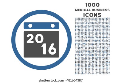 2016 Calendar rounded vector bicolor icon with 1000 medical business icons. Set style is flat pictograms, cobalt and gray colors, white background.