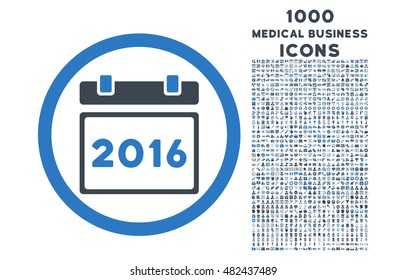 2016 Calendar rounded vector bicolor icon with 1000 medical business icons. Set style is flat pictograms, smooth blue colors, white background.