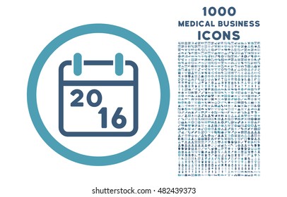 2016 Calendar rounded vector bicolor icon with 1000 medical business icons. Set style is flat pictograms, cyan and blue colors, white background.