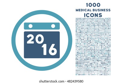 2016 Calendar rounded vector bicolor icon with 1000 medical business icons. Set style is flat pictograms, cyan and blue colors, white background.