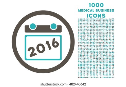 2016 Calendar rounded vector bicolor icon with 1000 medical business icons. Set style is flat pictograms, grey and cyan colors, white background.