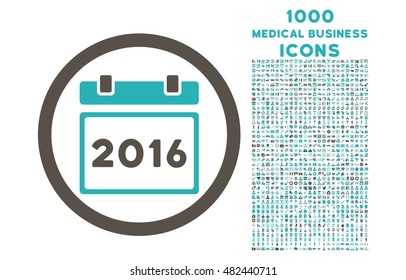 2016 Calendar rounded vector bicolor icon with 1000 medical business icons. Set style is flat pictograms, grey and cyan colors, white background.