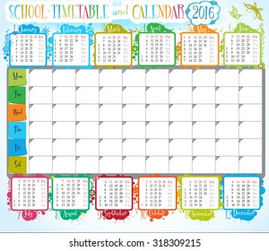 2016 calendar and School timetable for students or pupils with days of week and free spases for notes. You can find in latest works of my portfolio calendar on 2017-2018 academic years.