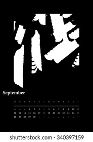 2016 Calendar September. The sounds of the year. Hand drawn grayscale spot illustrations. Full vector EPS 10.