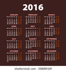 2016 calendar simple design art date color