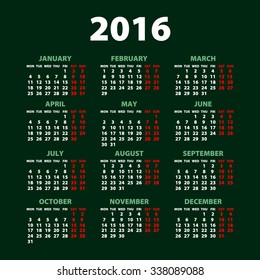 2016 calendar simple design date color