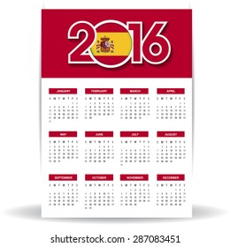 2016 Calendar - Spain Country Flag Banner - Happy new Year calendar template - Week starts with Sunday - Vector illustration